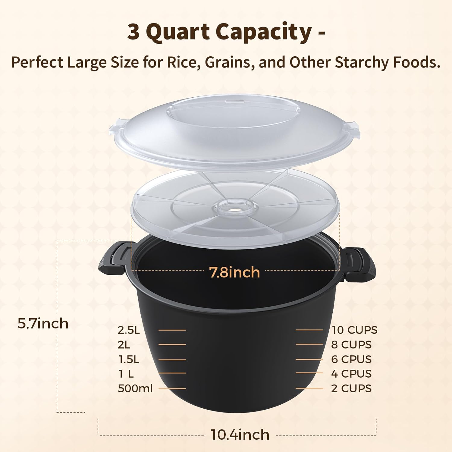 Professional 3 Piece Set Micro Cookware, Microwave Veggie Steamer, Microwave Rice Cooker as Steamer, Mix, Server and Storage Food Bowl BPA Free, Dishwasher Safe, Nestable Storage, Size-1QT, 2QT, 3QT