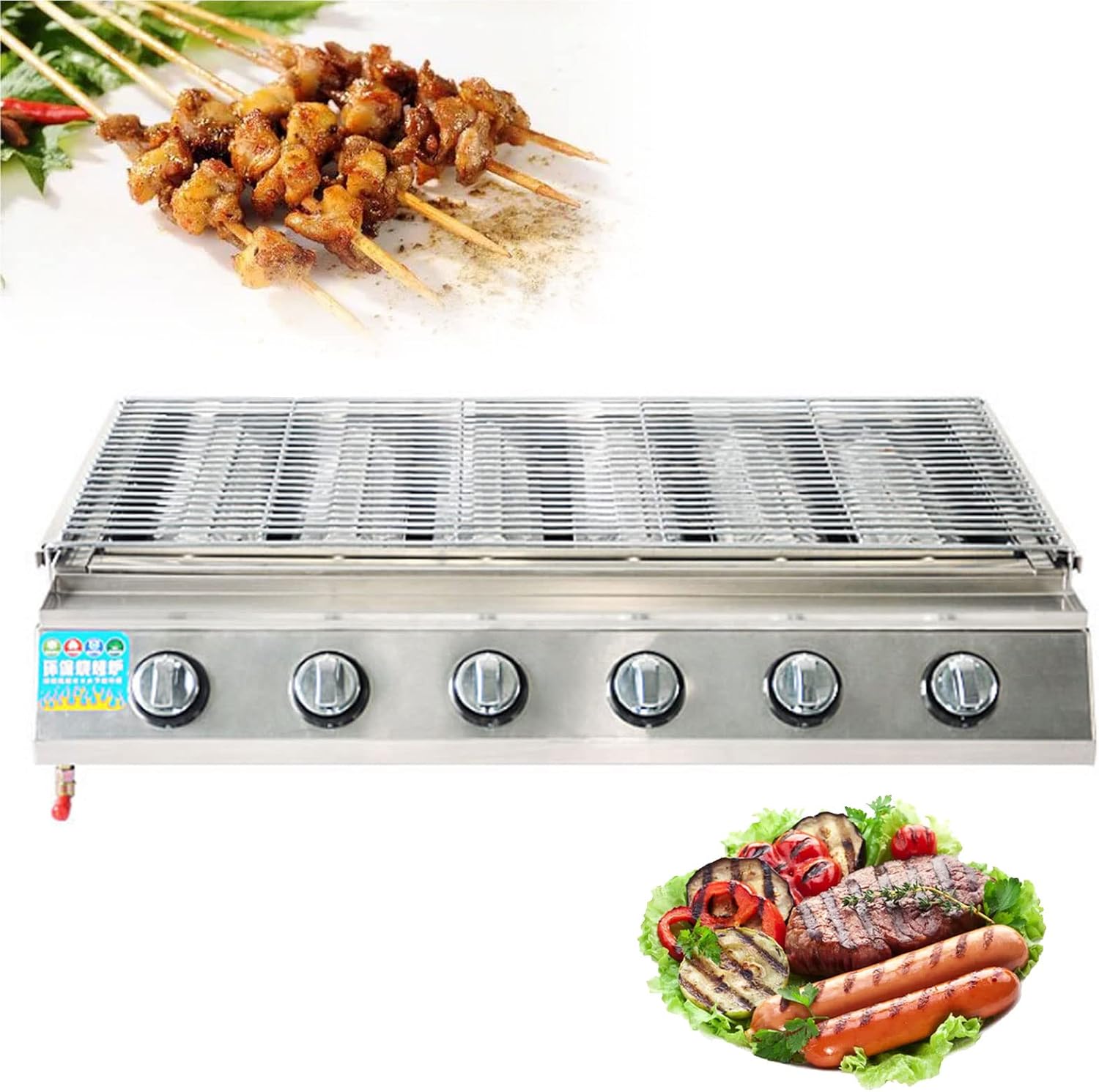 Portable Table Top Gas Grill, 6-Burner Propane Griddle, Gas Stove Cooking Grill, Outdoor Grill with Fat Catcher, Tabletop Burner for Indoor/Outdoor Backpacking Picnic BBQ Camping Picnics,Silver