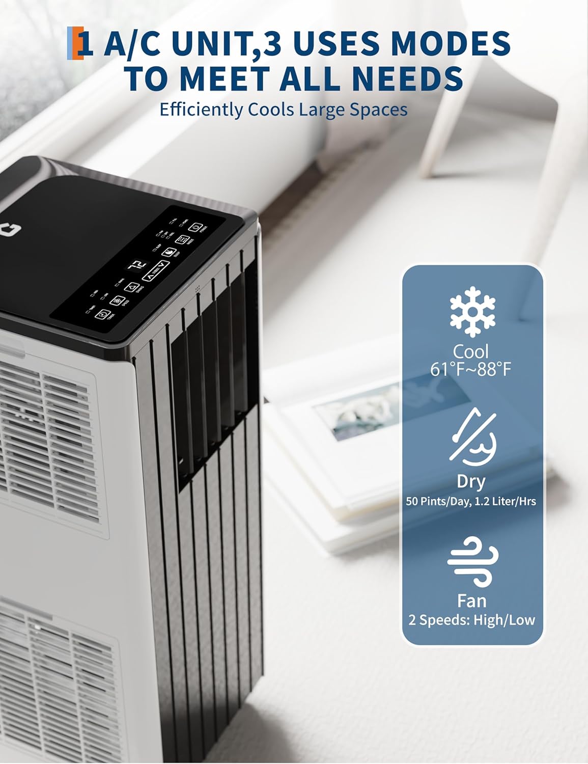 Portable Air Conditioner 8,000 BTU, 3-in-1 AC Unit with Fan, Dehumidifier, Air Conditioner for Bedroom Cools Rooms Up to 350 Sq. Ft, Quiet AC Unit, Easy Installation Kit Included, Black Top Cover