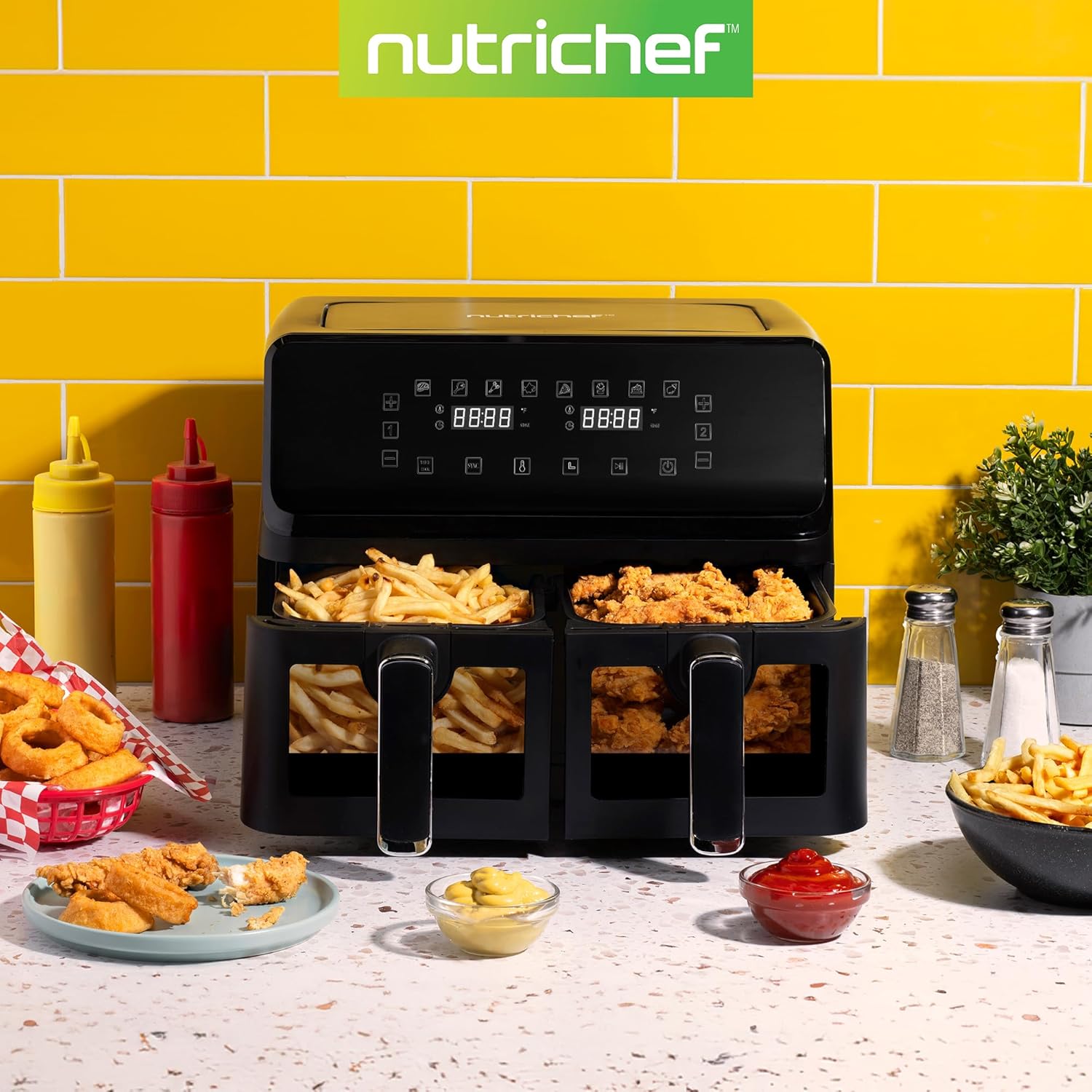 Nutrichef Double Basket Air Fryer 8.8 QT | Family Size Oil Free Airfryer with Transparent Window | 9-1 Preset Cooking Options | 360° Hot Air Circulation Technology | 4.4 QTs per Basket | Black