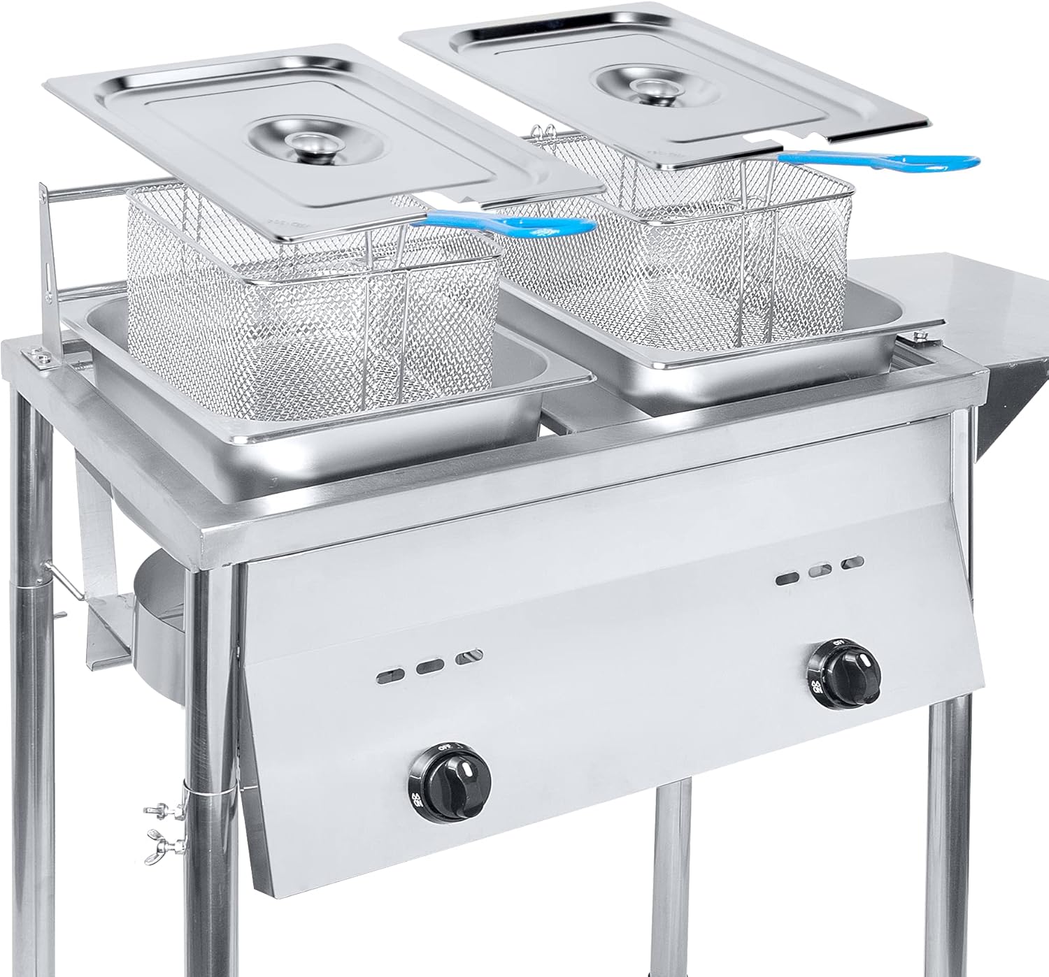 Silver Deep Fryer with Thermometer, Propane Deep Fryer with 2 Stainless Steel Baskets & Lids, Adjustable Temperature with Regulating Knobs