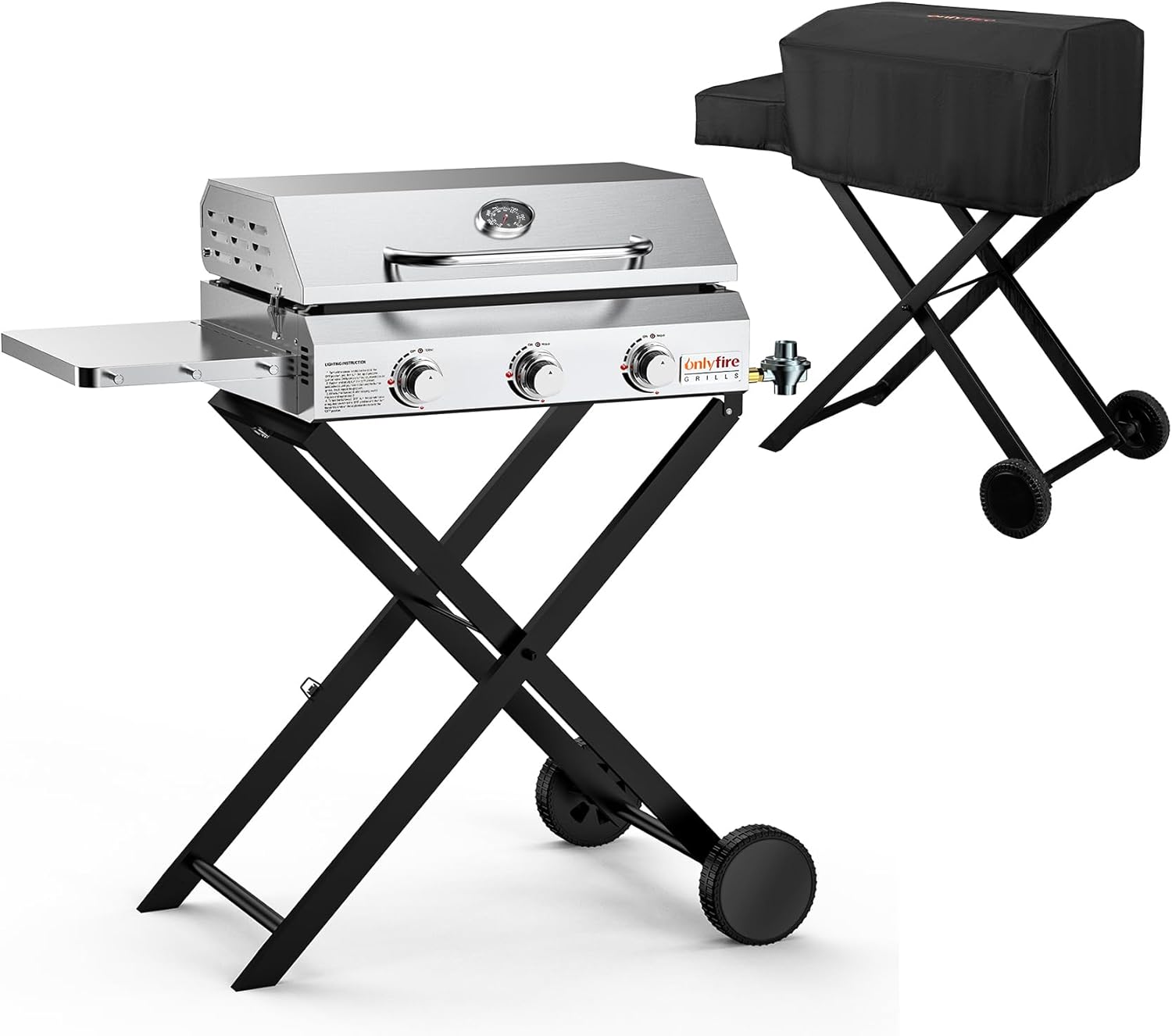 Onlyfire Portable BBQ Gas Griddle 3 Burners and Grill Cover Bundle, Flat Top Gas Grill Griddle, Foldable Cart for Outdoor Kitchen, Patio Backyard and Camping GS310