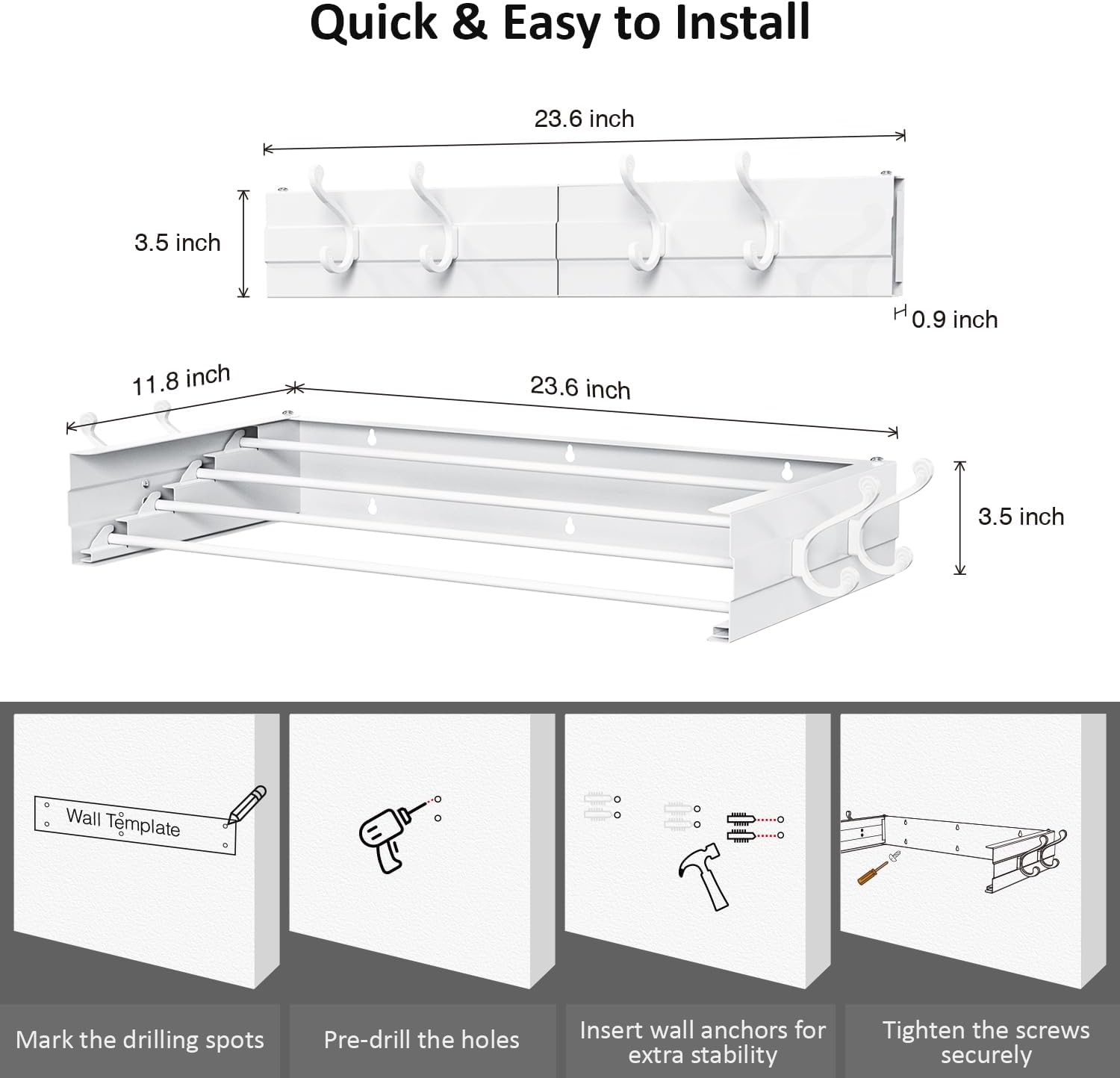 Laundry Drying Rack, Collapsible Wall Mounted Clothes Drying Rack - Foldable,Space Saving, 13.2 Linear Ft, 4 Aluminum Rods, 60 lb Capacity (White, 23.6