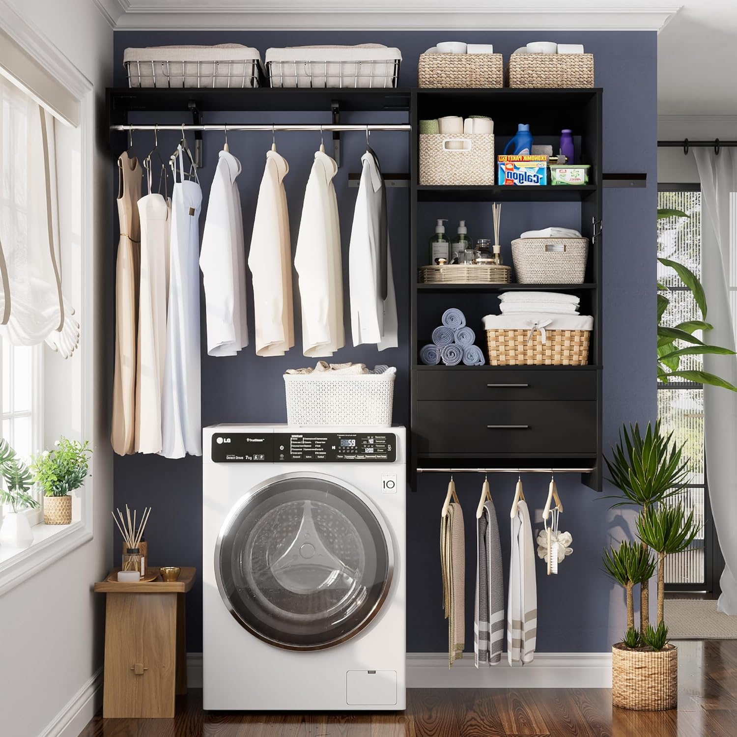 Wood Laundry Room Organizer System with Drawer, Wall Mounted Over Washer and Dryer Storage Shelves with Pull-Out Board & Hang Rods, Space Saver Clothes Drying Rack, Black