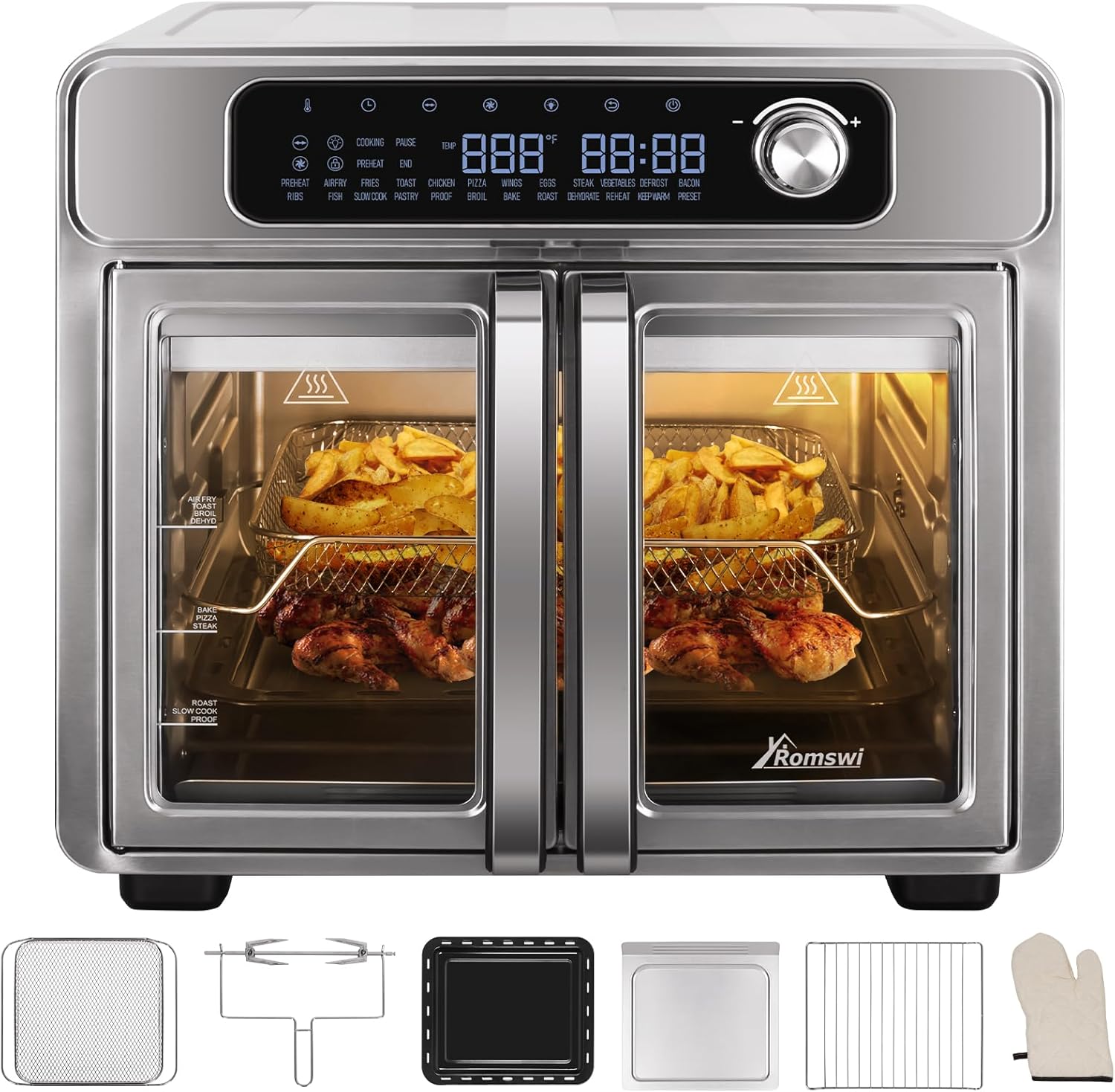 Romswi 26QT French Door Air Fryer Toaster Oven Combo, 24 Cooking Functions and Digital Controls, Fits 12