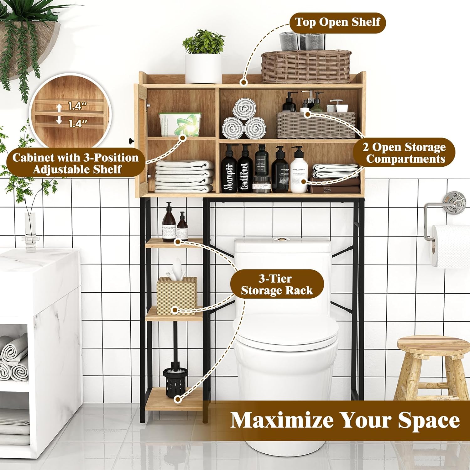 Giantex Over The Toilet Storage Cabinet with Rattan Door, Freestanding Space Saver Rack Above Toilet with Metal Stand, Adjustable Shelf, Over Toilet Bathroom Organizer for Restroom, Laundry