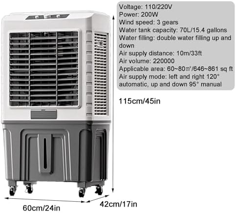 Knob Evaporative Air Cooler, Swamp Cooler Air Conditioner, Portable Ac with 2 Modes, 3 Wind Speeds, 15.4 Gal Tank for Room Garage Patio