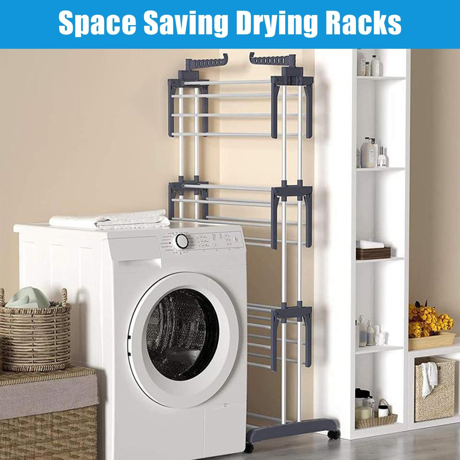 Clothes Drying Rack,4-Tier Collapsible Laundry Rack,Stand Garment Drying Station with Wheels,Stainless Steel Laundry Garment Dryer Stand with Two Side Wings,Blue