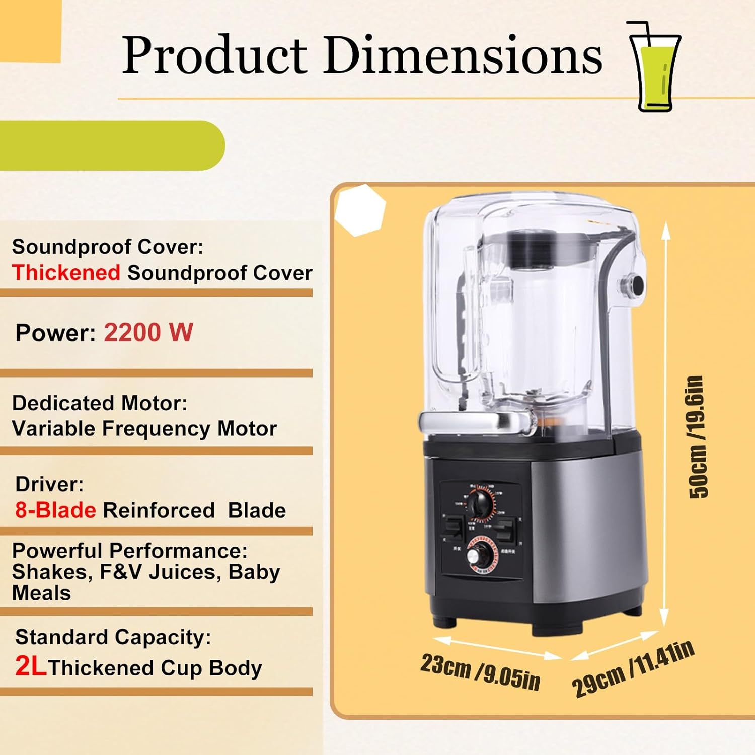 Soundproof 2200W Commercial Blender with 2L Jar, FastIce Crushing, Quiet Operation, Self Cleaning, Heavy Duty Smoothie Maker