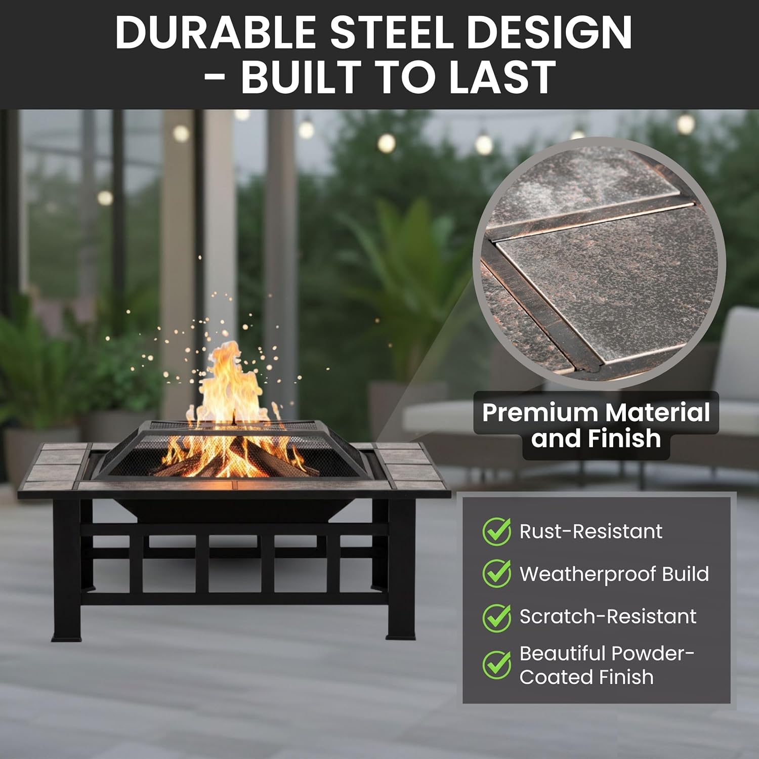 Fire Pit Set, Wood Burning Pit -Includes Screen, Cover and Log Poker- Great for Outdoor and Patio, 37” Marble Tile Rectangular Firepit by Pure Garden