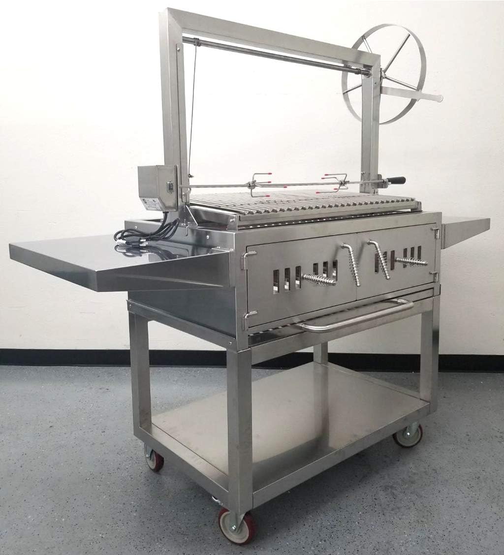 Charcoal Outdoor BBQ, Stainless Steel #430 Body and #304 Grates, Rotisserie Parrilla Santa Maria/Argentine Grill Spit