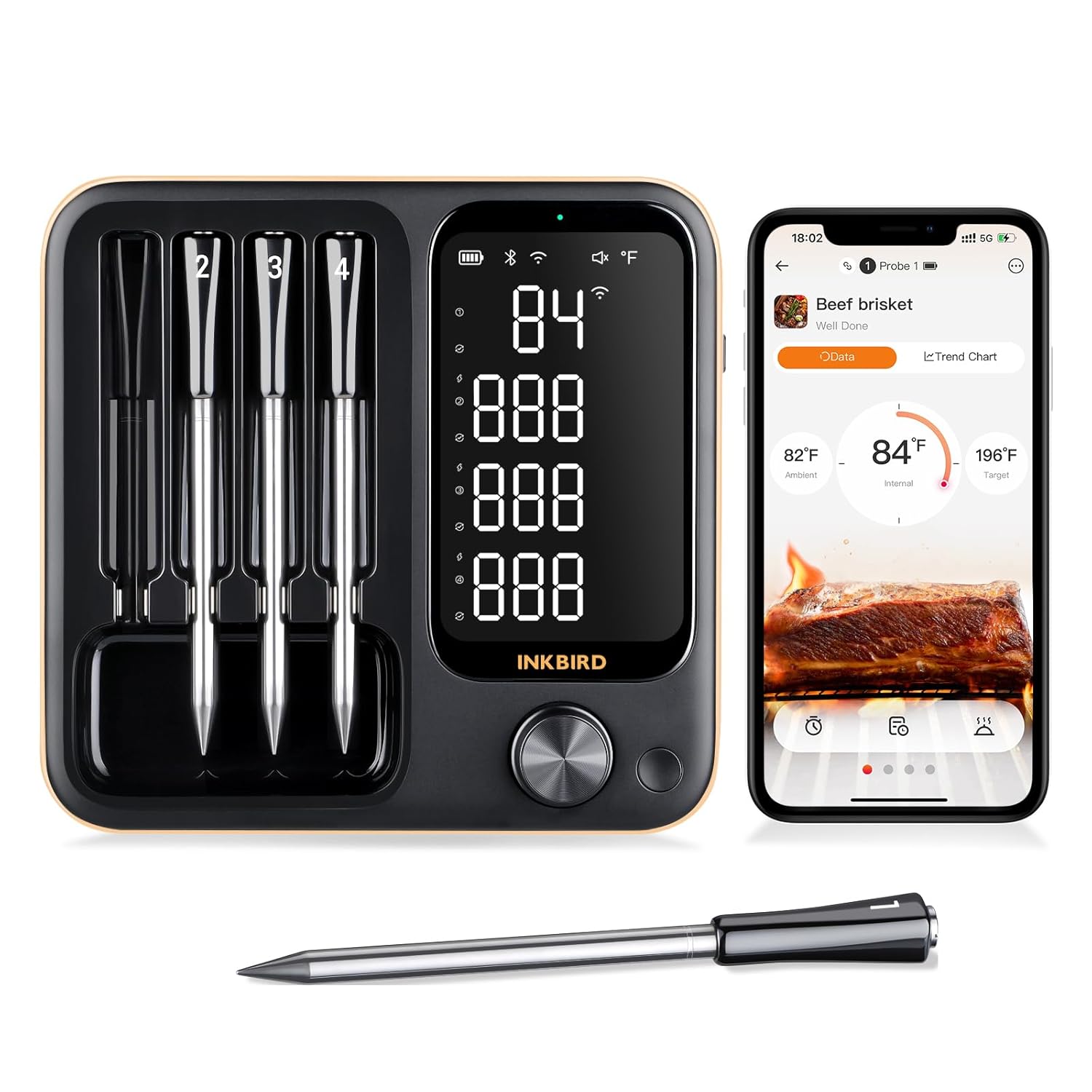 INKBIRD WiFi Wireless Meat Thermometer with 360°Readable LCD Standalone Base，4 Probes Digital Food Meat Thermometer with Remote Control for BBQ, Grill, Oven, Smoker, Rotisserie, Kitchen