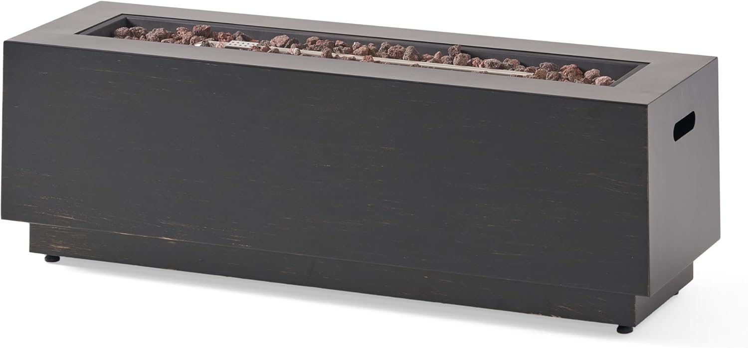 Benjara Outdoor Fire Pit, Dark Brown, Gold Iron Frame Rectangular 48 Inch