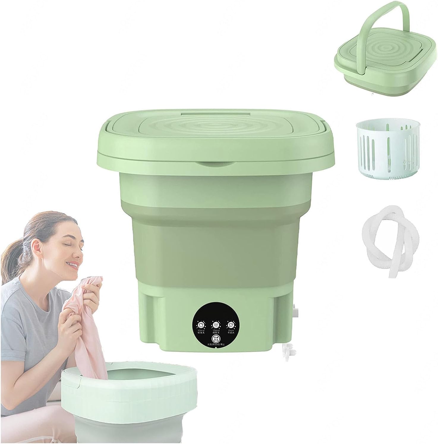 8L Foldable Washing Machine,Portable Washing Machine with Spin Dryer,Mini Washer with 3 Modes Half Automatic Washt and Blue Light,Washing Machine for Apartments,Baby,Underwear,Camping,Green