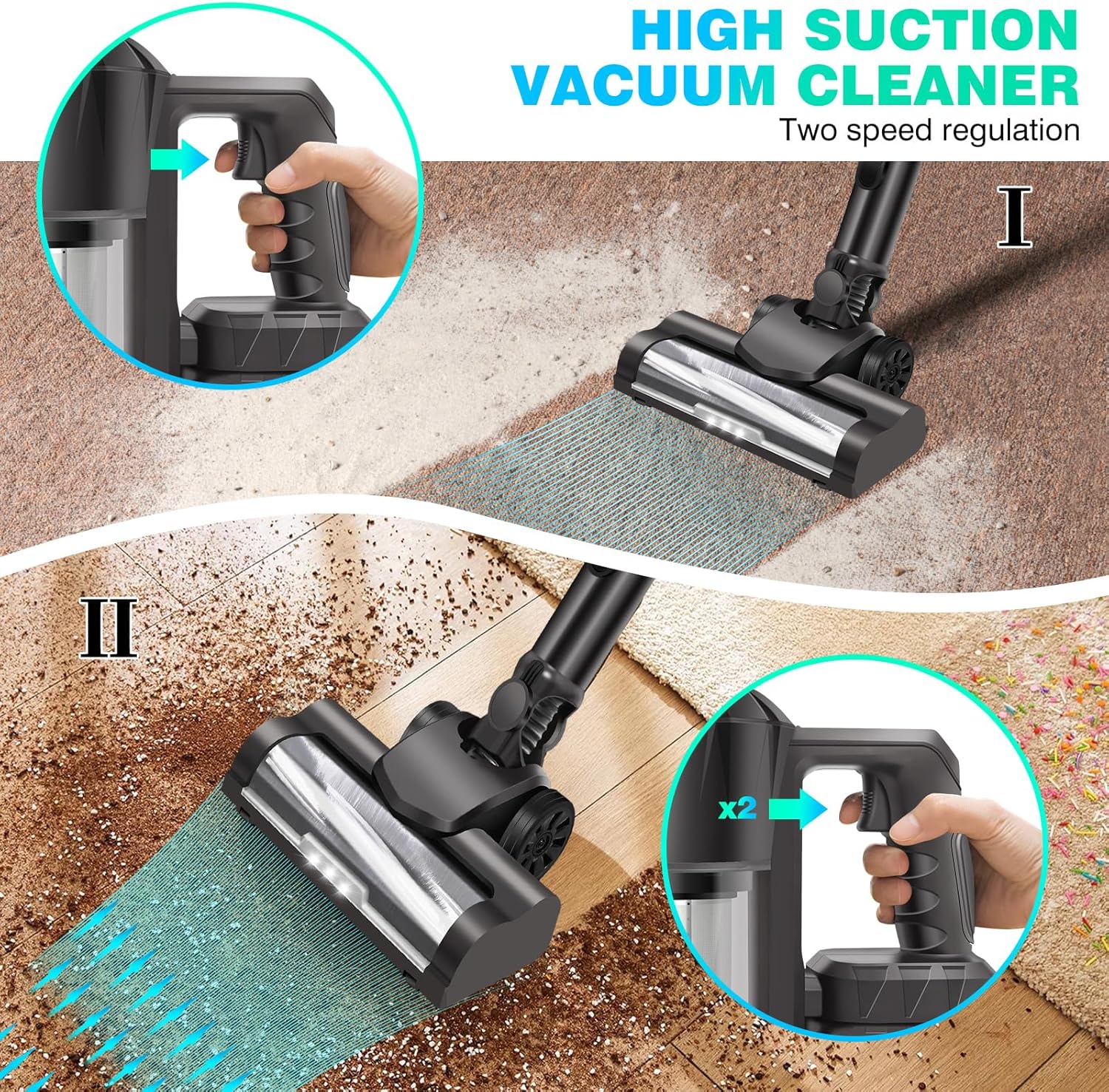 Cordless Vacuum Cleaner, Lightweight Handheld Stick Vacuum, 15KPa Powerful Suction with Brushless Motor, 2 Suction Modes, 6.0Ah Detachable Battery, Cordless Hardfloor Cleaner for Home/Pet Hair/Carpet