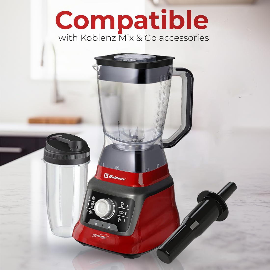 Koblenz Bob Blender, Countertop with Reversible motor, Speed Knob and 6 Functions, 1400-watt Motor, 68 oz. Capacity, Super Silent Operation, Includes 1 To-Go Cup and Tamper, Black/Red, LKM-9608