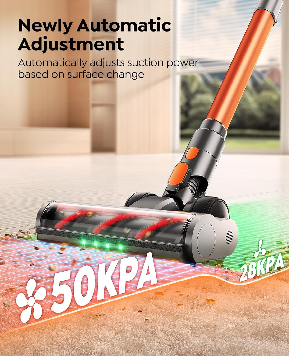 Fieety Cordless Vacuum Cleaner, 600W/50KPa/65Min Runtime Stick Vacuum with 3.3Ft Hose, Wall Mount Charging, Auto Mode, Touchscreen, Self-Standing Vacuum Cleaner for Home/Pet Hair/Carpet/Car, Fragrance