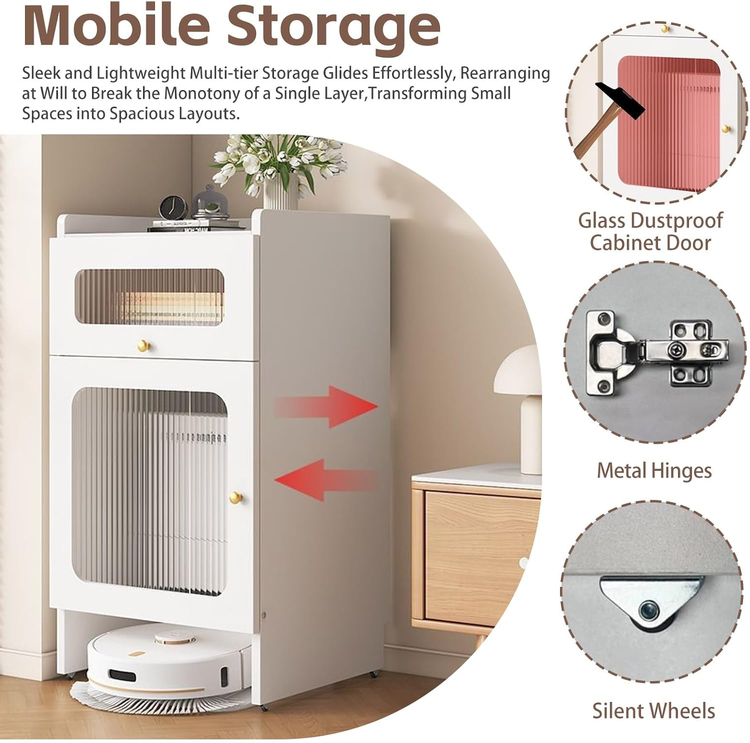 Self-Emptying Robot Vacuum and Mop Mobile Storage Cabinet Robot Vacuum Hidden Storage Cabinet with Wheels Home Office Living Room Garage Wood Accent End Table(Champagne,19.6x15.7x36.6in)