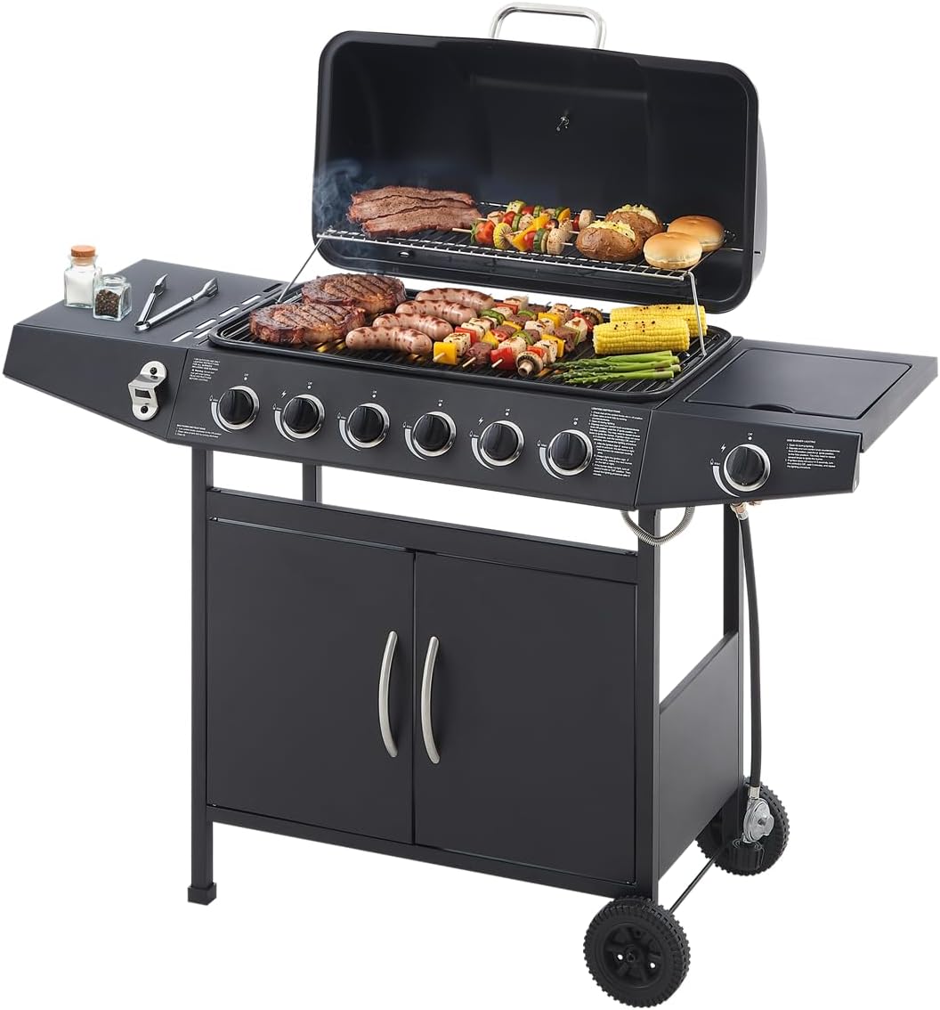 6 Burner BBQ Grill with Side Burner Stainless Steel Barbecue Grill with Enamel-Coated Grates and Side Tables for Outdoor Cooking Kitchen and Patio Backyard