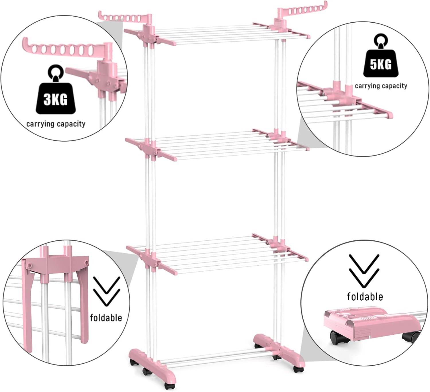 Bigzzia Clothes Drying Rack, Folding Stainless Steel Clothes Horses Rack Indoor Outdoor, 4 Tier Laundry Drying Rack with Two Side Wings (Light Blue, 4 Tie (Bottom fold))