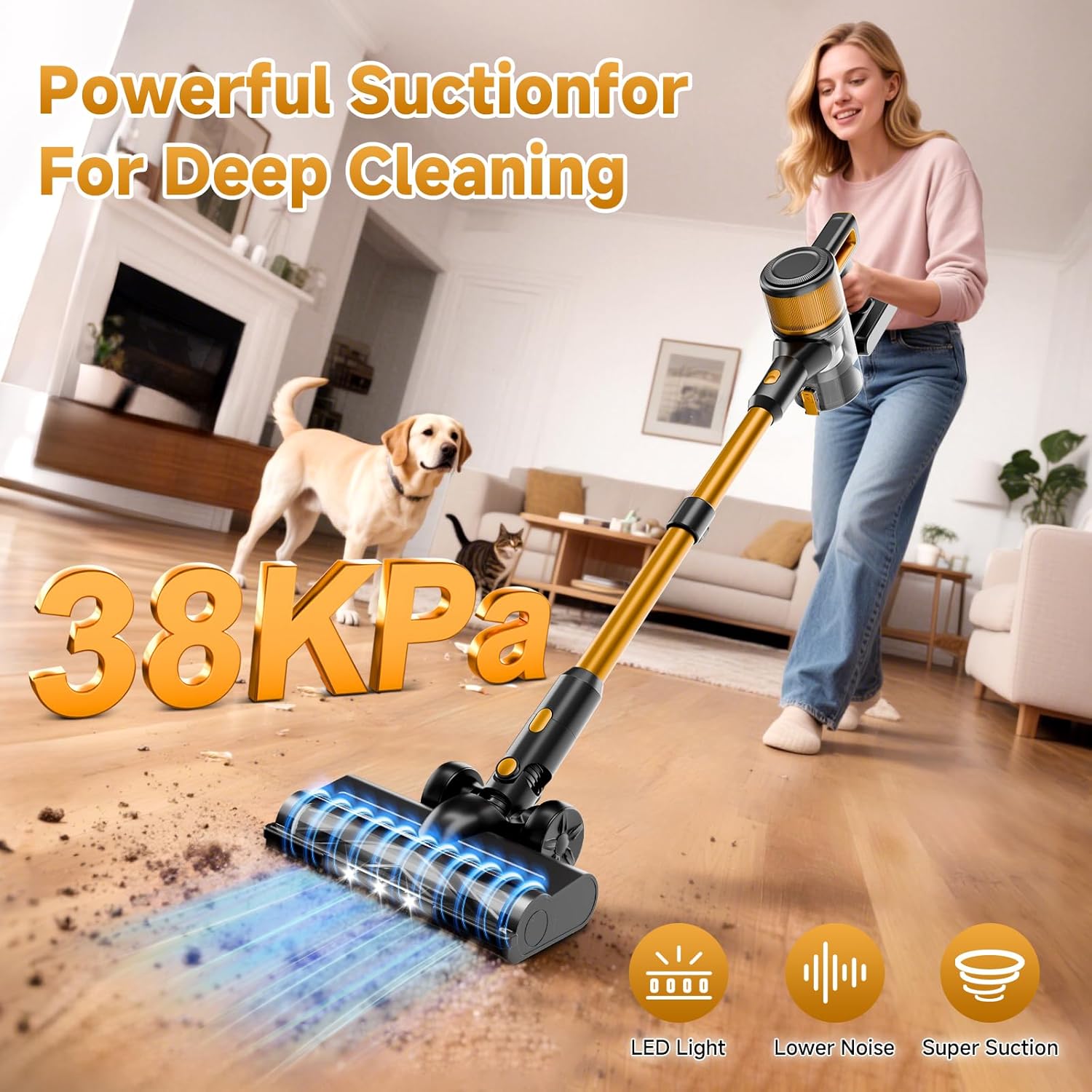 Cordless Vacuum Cleaner, Powerful Stick Vacuum with 55min Runtime, Anti-Tangle Vacuum Cleaners for Home, 1.5L Dust Cup, Rechargeable Lightweight Vacuum for Hardwood Floor Carpet Pet Hair,N509
