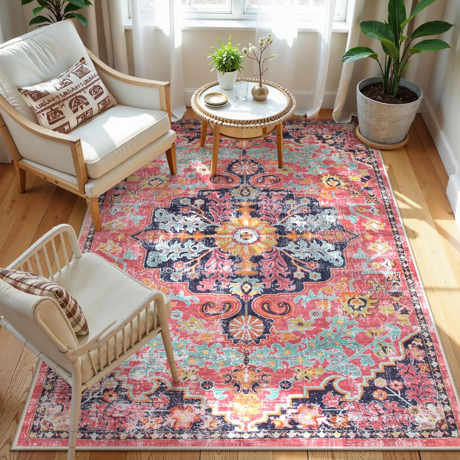 Lahome Bohemian Floral Medallion Area Rug - 4x6 Hot Pink Entryway Rug Soft Laundry Room Mat, Non-Slip Machine Washable Nursery Accent Carpet for Dorm Department Kitchen Office, Fuchsia/Multi