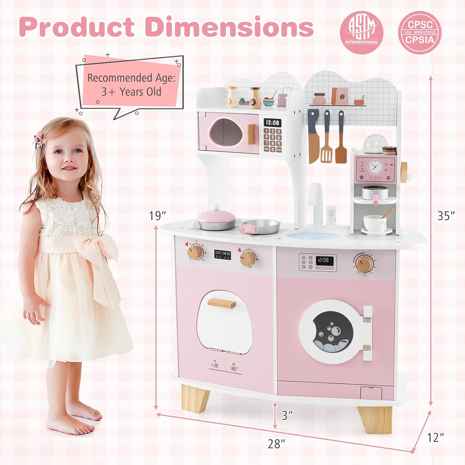 Costzon Play Kitchen, Wooden Toy Kitchen Set with Coffee Maker Playset, Washing Machine, Microwave, Oven, Pretend Play Cooking Accessories, Kids Kitchen Playset, Gift for Boys Girls (Pink)