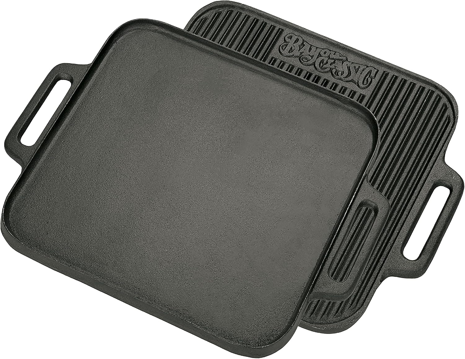 Bayou Classic 7442 14-in Cast Iron Reversible Square Griddle Features Flat Side and Ribbed Grill Side Perfect For Large Batch Breakfast Burgers and Grilled Sandwiches Steaks and Chicken