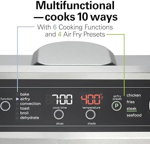 Hamilton Beach Digital Air Fryer Toaster Oven Combo, 10 Ways to Cook, 4 Preset Functions, Stay On & 1800 Watts, LED Capacitive-Touch Controls, 2 Rack Positions, Fits 12” Pizza, Black & Stainless Steel