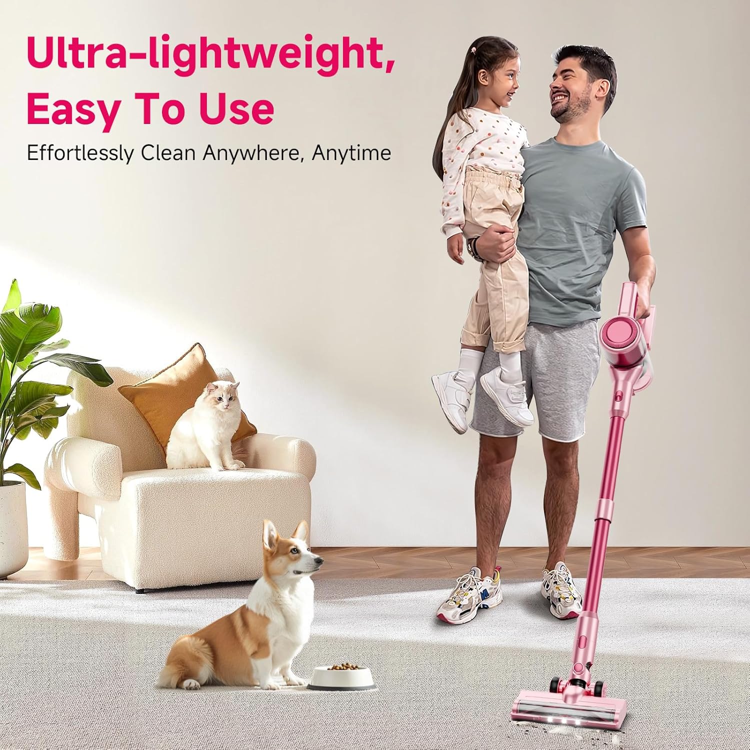Cordless Vacuum Cleaner, 38Kpa Powerful Stick Vacuum Cleaner with 45mins Rechargeable Battery, LED Anti-Tangle Brush, 8-in-1 Handheld Vacuum Cleaners for Home/Pet Hair/Carpets/Floors, Pink
