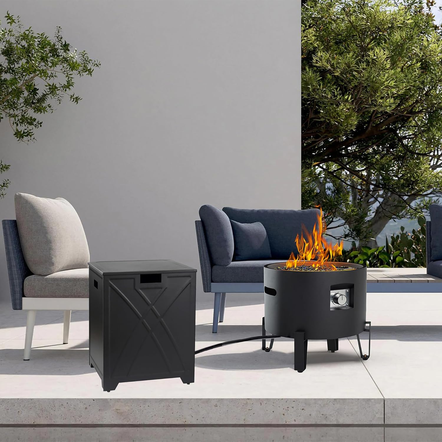 Portable Gas Fire Pit with 20Lb Propane Tank Cover, 50,000 BTU Compact Portable Outdoor Fire Pit w/Glass Shards, Lid, 10Ft Propane Hose - Black