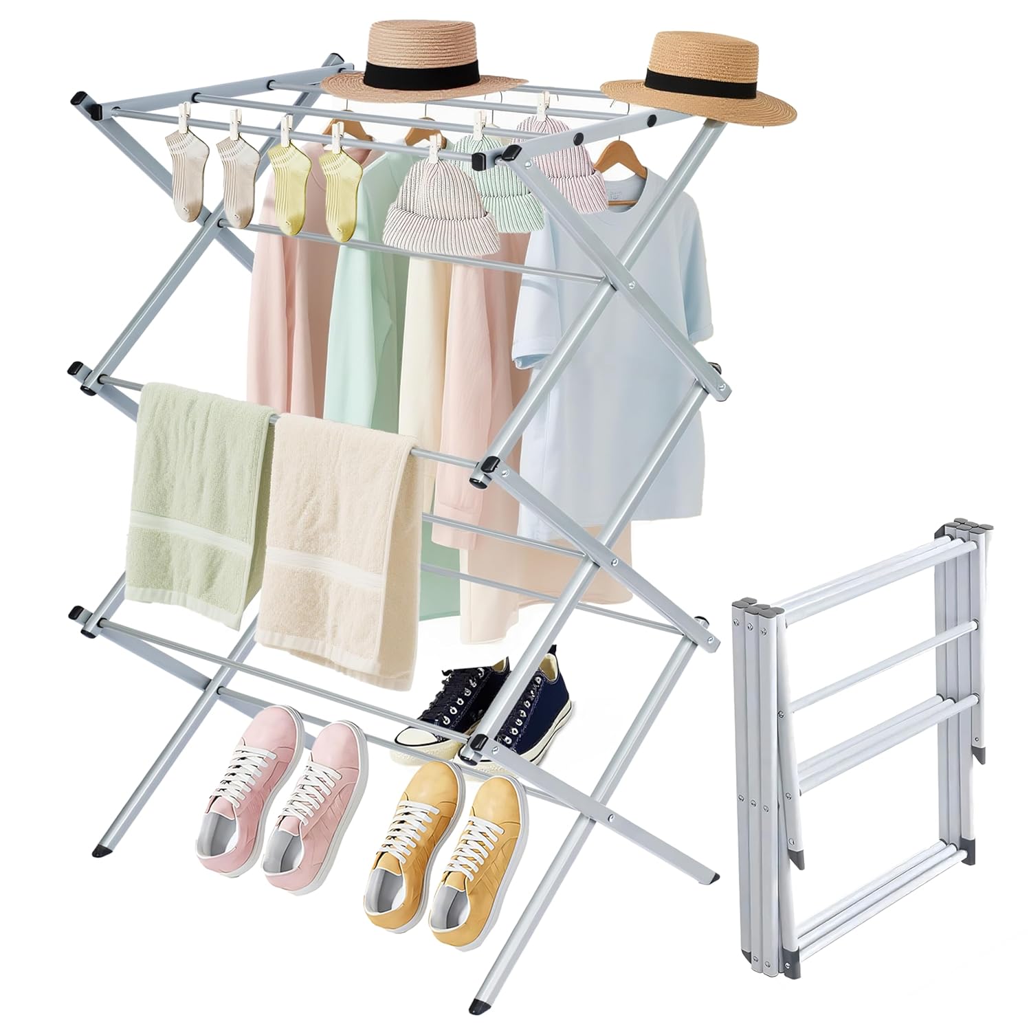 Whitmor Foldable Clothes Drying Rack: 3 Tier Laundry Drying Rack, Collapsible Drying Rack Clothing, Portable Space Saving Clothing Rack for Indoor Outdoor, 22.6