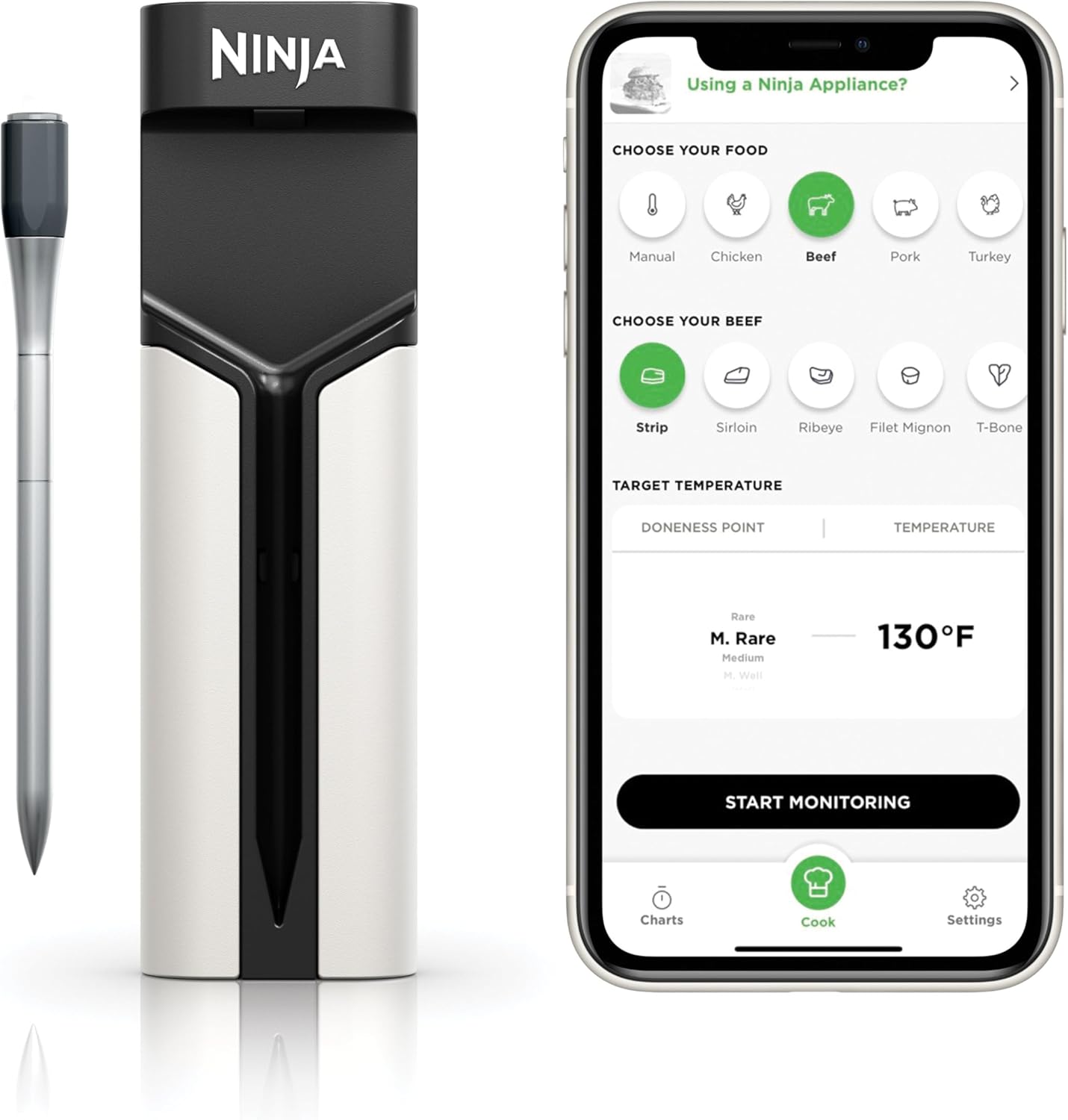 Ninja Meat Thermometer ProChef Wireless Probe for Indoor & Outdoor Air Fryer, Grill, Cooking, Smoker, Oven, Roaster, Long Range Bluetooth App Connection, Flareup Resistant, Waterproof, US Only, WP100