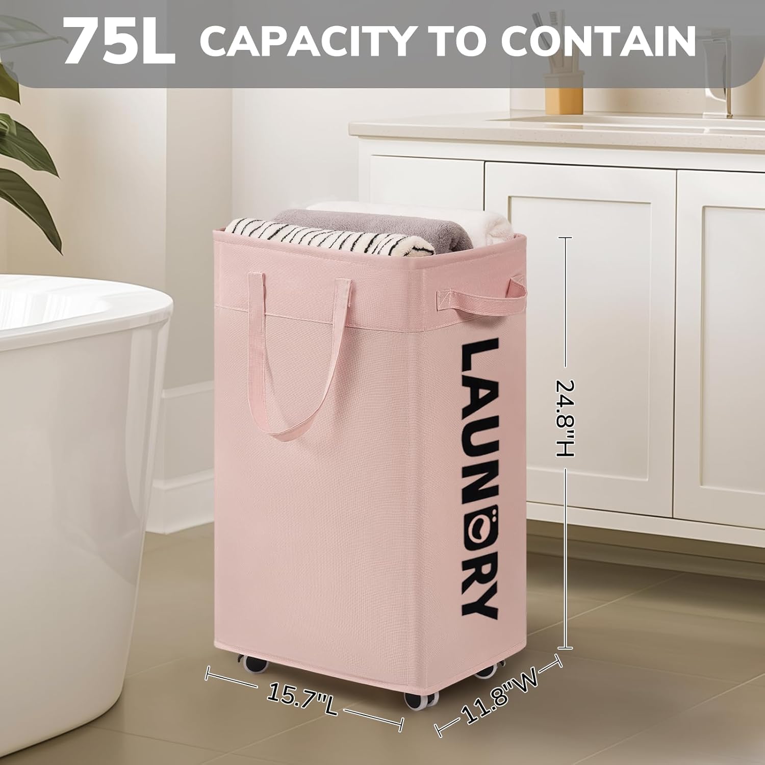 Goodpick Pink Laundry Basket with Wheels, Dorm Room Essentials for Girls, 75L Collapsible Laundry Basket, Laundry Hamper with Handle for College Dorm