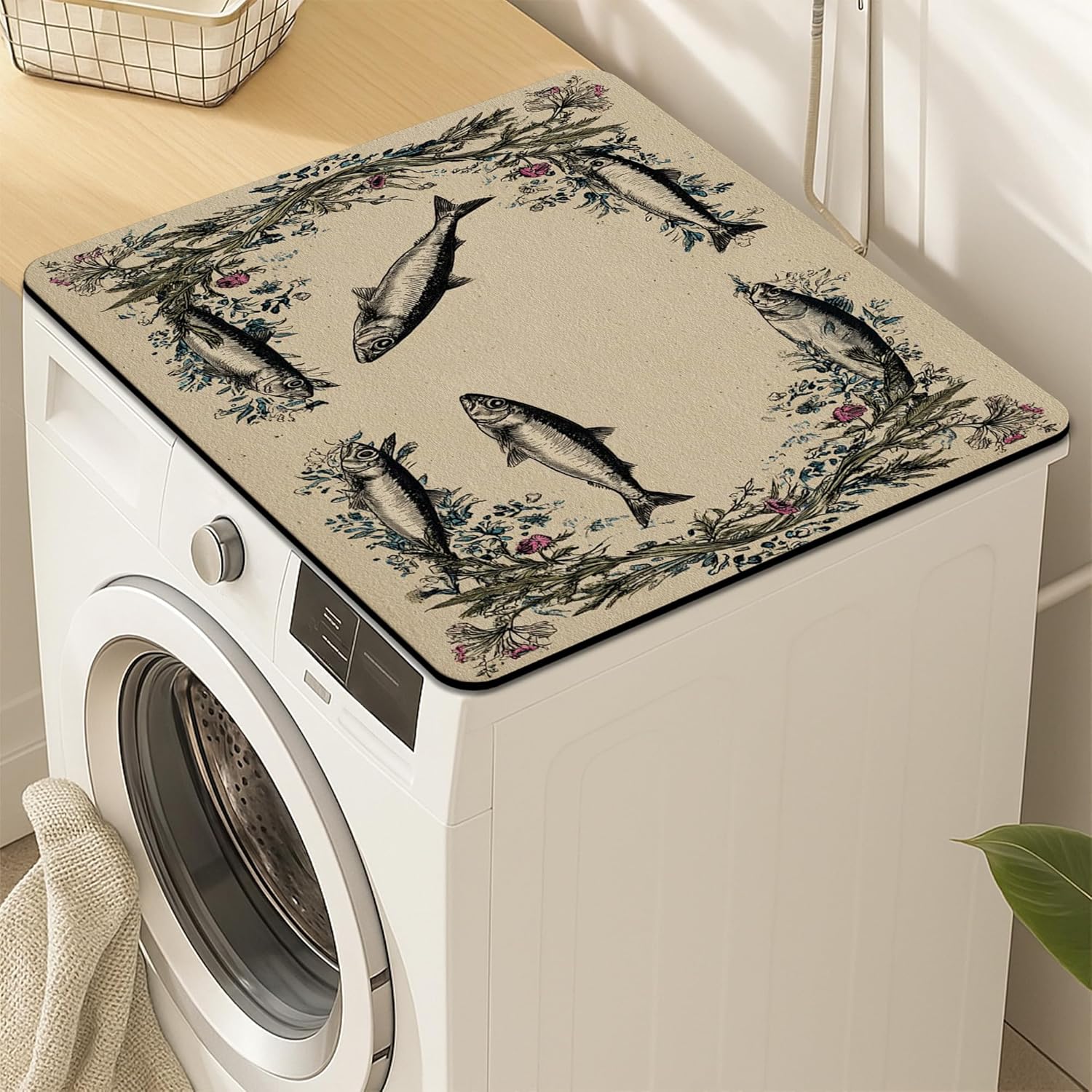 Vintage Fish Washer Dryer Top Protector Mat, Retro Aquatic Design Laundry Machine Dust Covers, Nature Inspired Rubber Anti-slip Waterproof Washer And Dryer Mats for Home 24x24 Inch