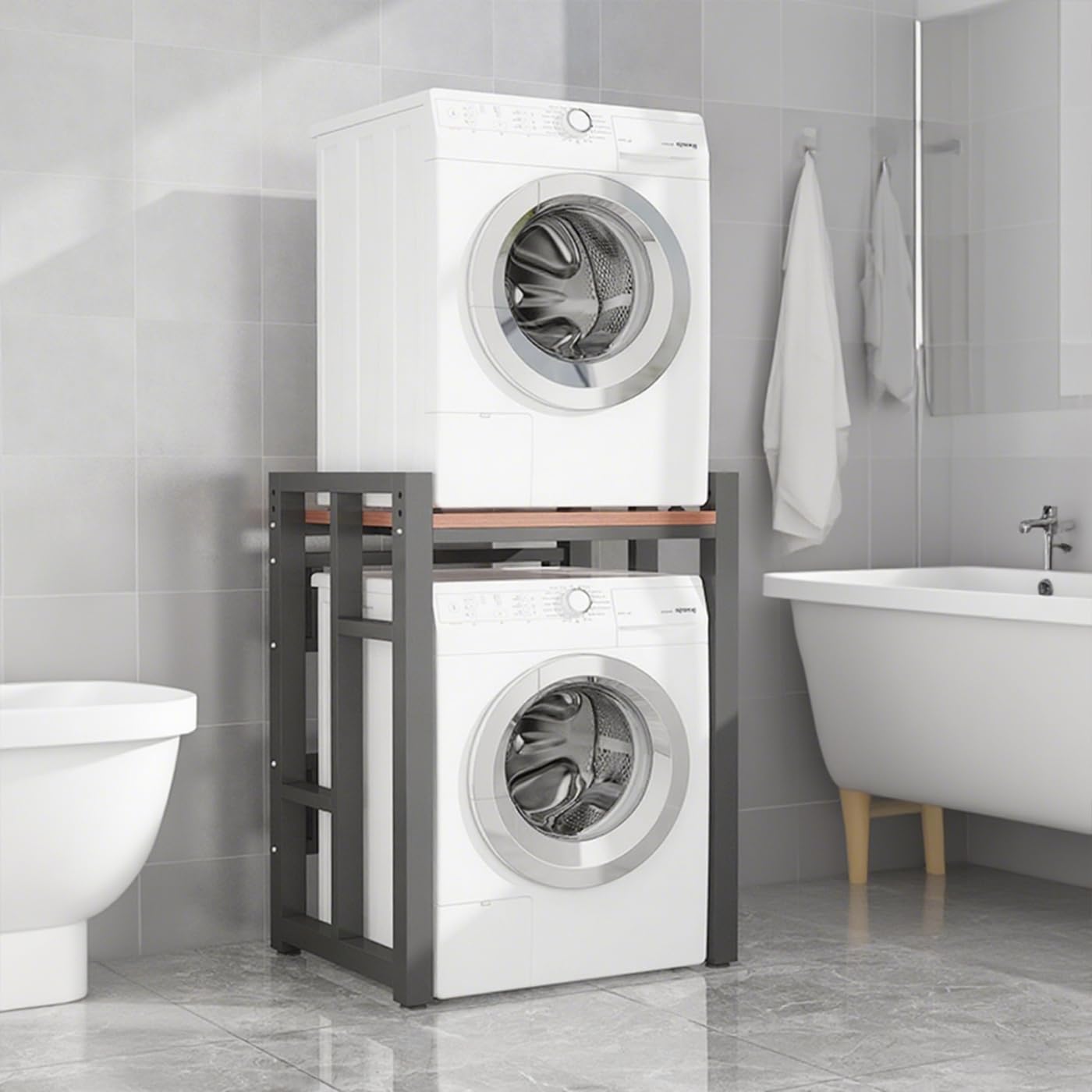 Steel Washer Dryer Stacking Rack Shelf, Standing Washing and Dryer Machine Stackable Rack Stand Save Space Laundry Room Organizer Heavy Duty Shelf Adjustable Height for Small Space