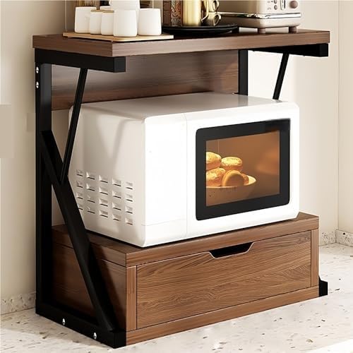 2 Tier Storage Organizer Rack, Wood Microwave Oven Racks with Drawer, Storages Cabinet Shelf for Kitchen, Restaurant(Brown)