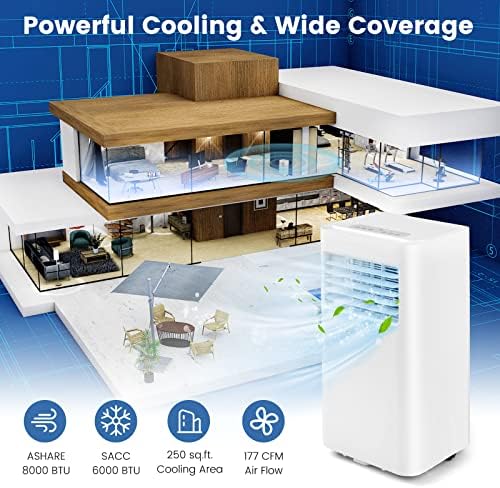 LDAILY 3-in-1 Portable Air Conditioner, 8,000 BTU (ASHRAE) AC Unit w/Fan & Dehumidifier, Quiet AC w/ 1-24H Timer, LED Display, 2 Fan Speeds, 4 Wheels, Remote Control, Exhaust Hose & Window Kit…