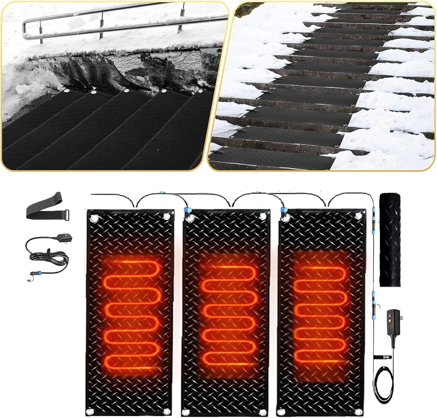 Snow Melting mats Outdoor Stairs, Slip-Proof Heated Snow Melting Mat, w/Power Cord, Slip-Proof Design for Extra Traction, Winter Outdoor Snow Mat,3 Pcs-25.4x120cm/10x48in