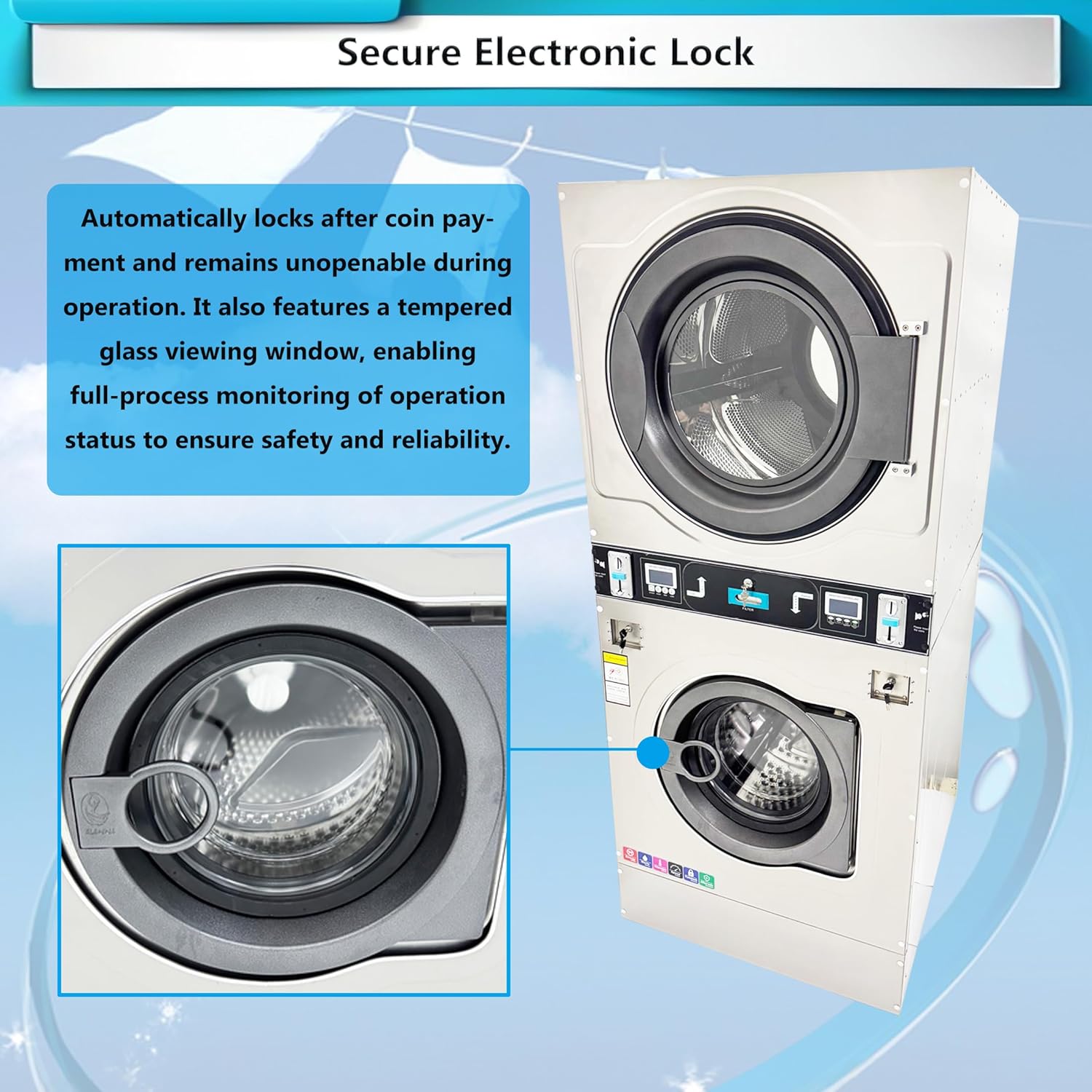 INTSUPERMAI Coin-Op Washer Dryer Combo 26.4lbs Washer Dryer Combo Automatic Laundry Washer Spinner Dryer Machine 304 Stainless Steel Drum, Front-Load & Top Vent for Laundromats/Apartments/Gyms 220V