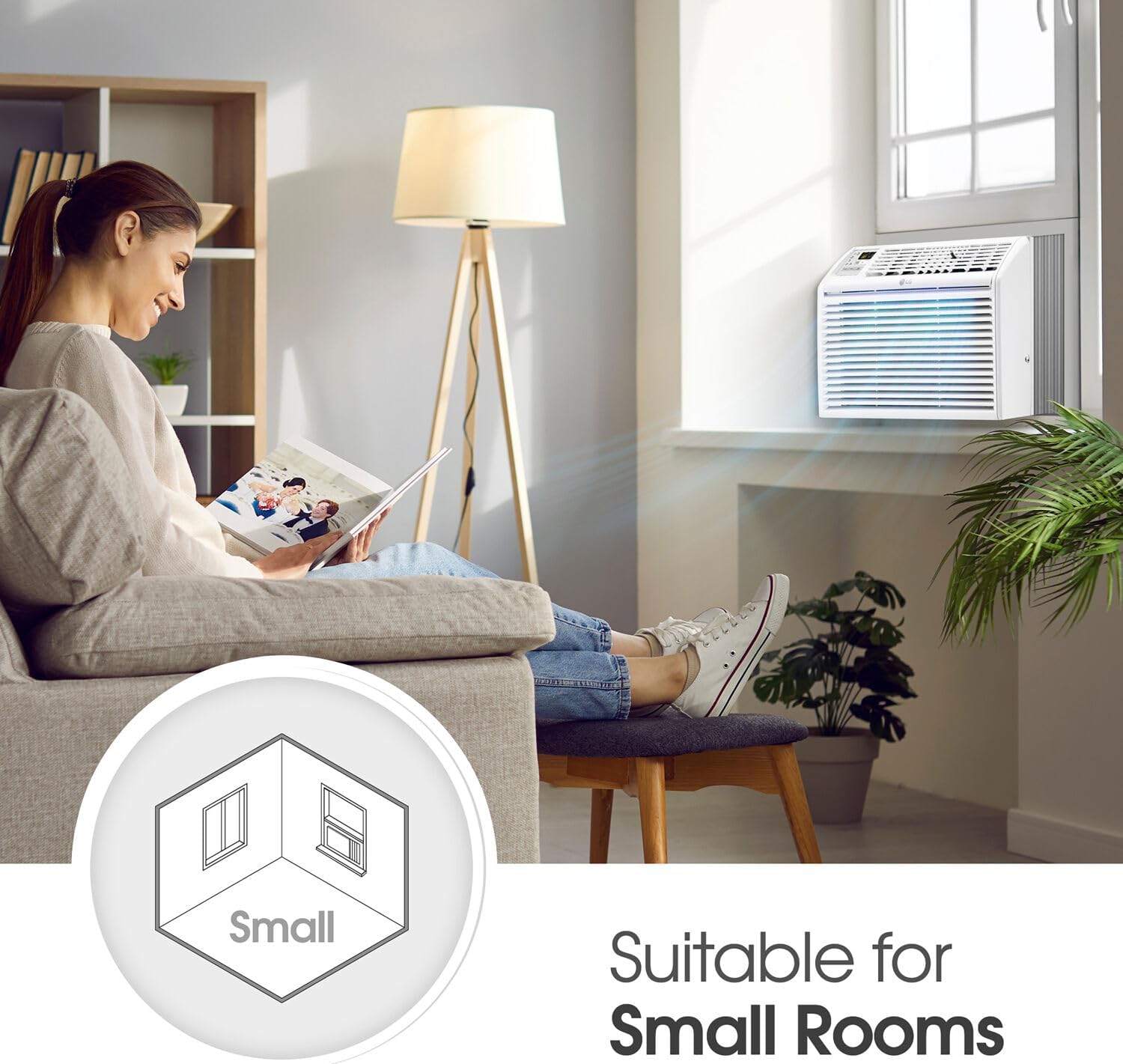 LG 6,000 BTU Window Air Conditioner, 115V, Cools 250 Sq.Ft. for Bedroom, Den, Living Room, Quiet Operation, with Remote, 2 Cooling & Fan Speeds, 2-Way Air Deflection, Auto Restart, White