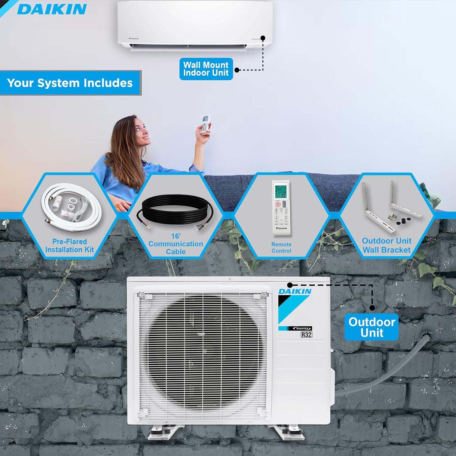 Daikin 24,000 BTU 18 SEER2 Entra R32 Series Ductless Mini Split Heat Pump System w/ Maxwell All-Inclusive 15’ Installation Kit and Wall Mounting Bracket (230V)