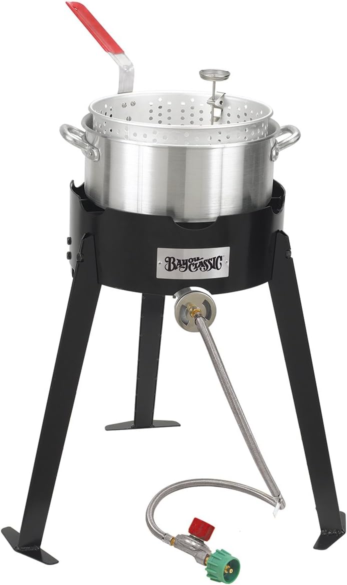 Bayou Classic Propane Outdoor Fryer Package with Steel Frame Cooker Base, Aluminum Fry Pot, Fryer Basket and Stainless Thermometer