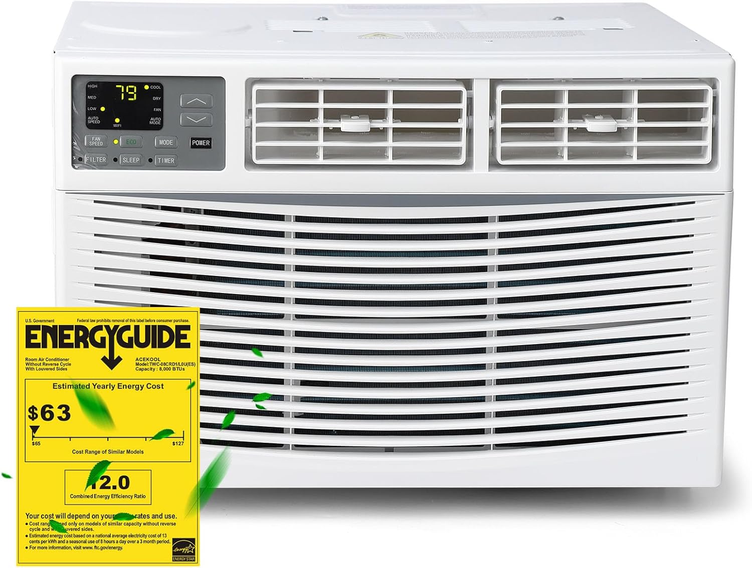 8000 BTU Window Air Conditioner, Cools Up to 350 Sq. Ft, 3 Cooling & Fan Speeds, Energy Efficient, Perfect Ac Window Unit for Bedroom, Living Room, Home Office