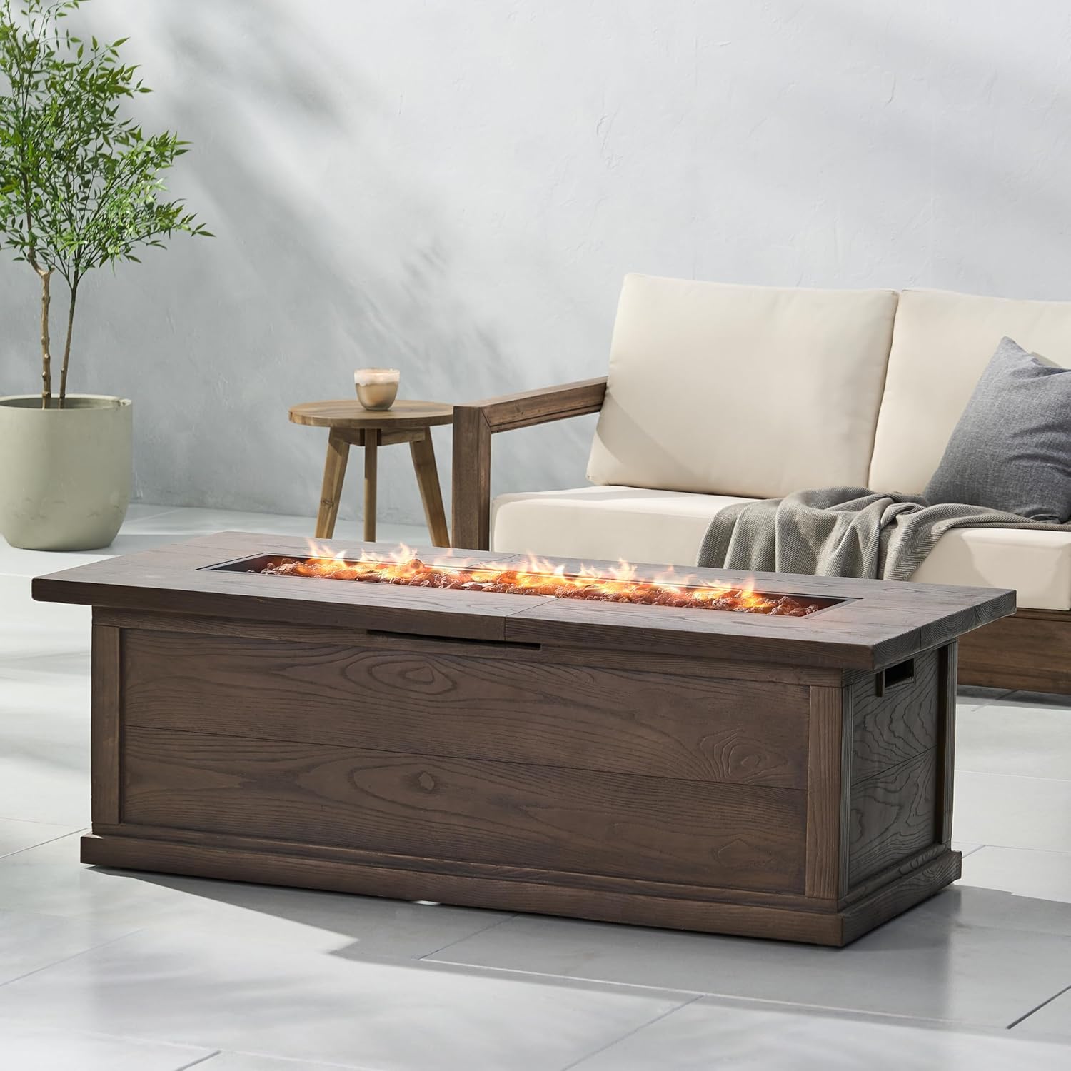 56'' Rectangular Outdoor 50,000 BTU Propane Fire Pit, Brown Wood Pattern (Tank Cover not Included)