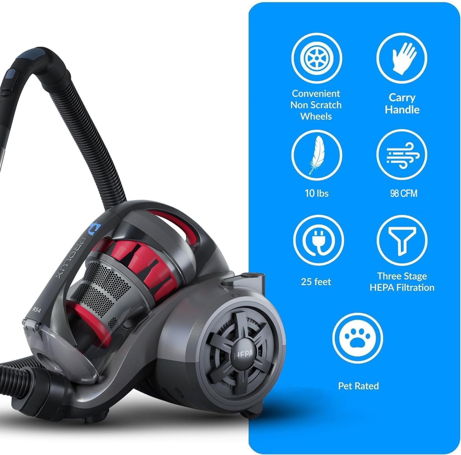 Prolux RS4 Bagless Canister Vacuum, Lightweight with Dual HEPA Filtration, 25 Foot Retractable Cord, Telescopic Wand, Versatile for Wood Floor, Carpet, Home, Office, Apartment, RV, Dorm Room