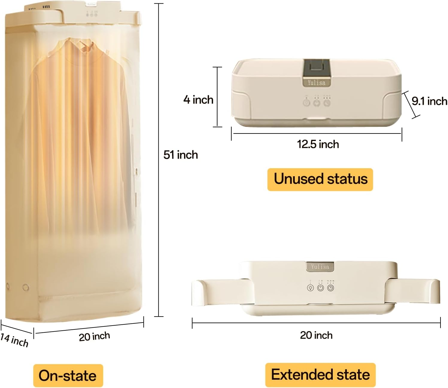 Yulisa 3.5Cu Ft Portable Clothes Dryer,22LB Capacity with Traceless & Folding Hooks,Dual Heat Modes for Delicates/Jeans,Energy Efficient Foldable Dryer for Small Spaces,Apartments,Travel,RV