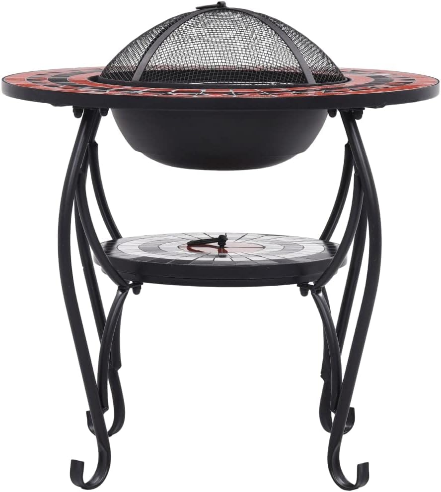 Multifunctional Fire Pit Table, Patio Decorative Table, Round Table for Camping, Outdoor Heating, Campfire and Picnic,Mosaic Fire Pit Table Terracotta and White 26.8