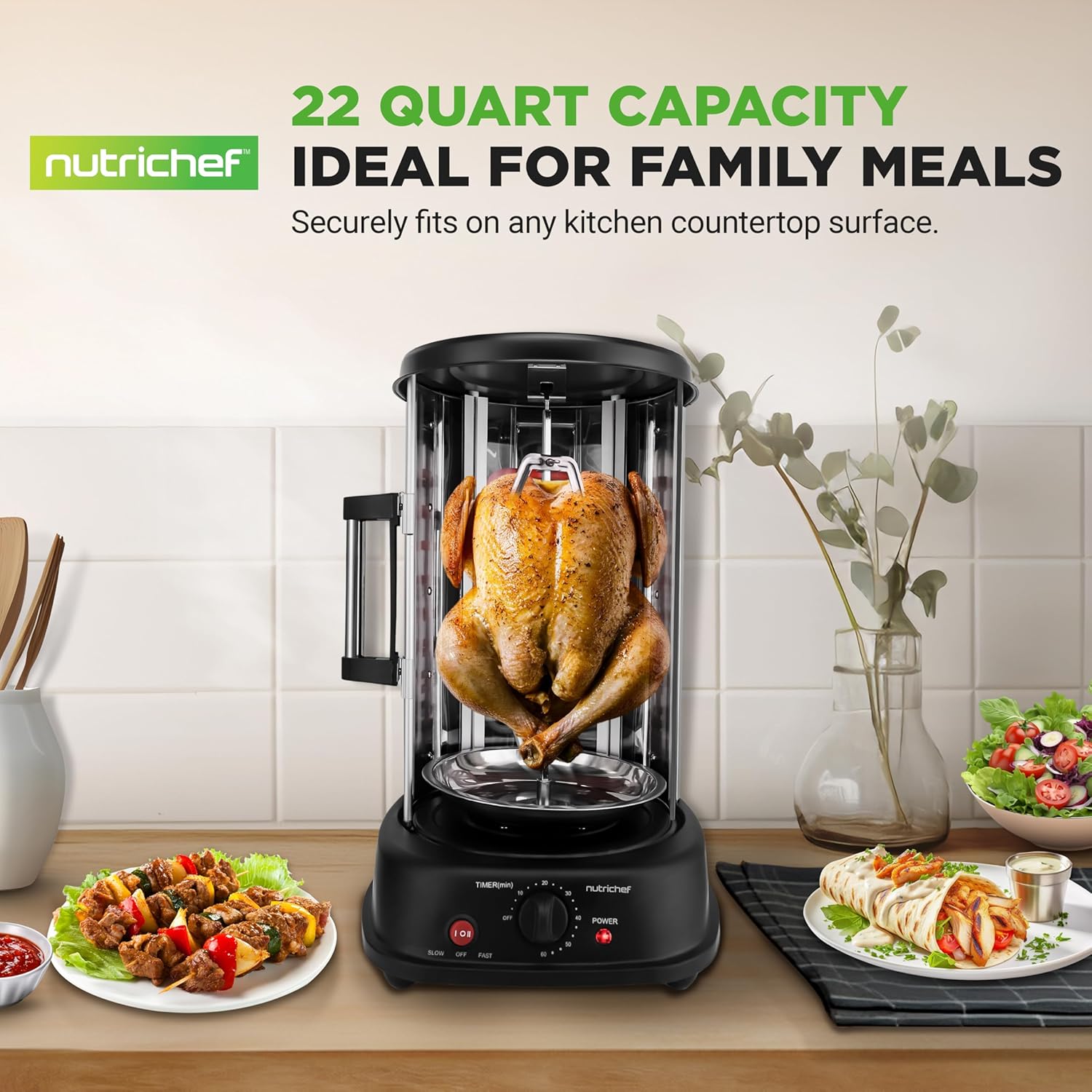 NutriChef Vertical Rotating Shawarma Oven - Rotisserie, Shawarma, & Kebab Machine - Stain-Resistant, Energy-Efficient - Heat-Resistant Door - Includes Kebab Rack with 7 Skewers - Stainless Steel