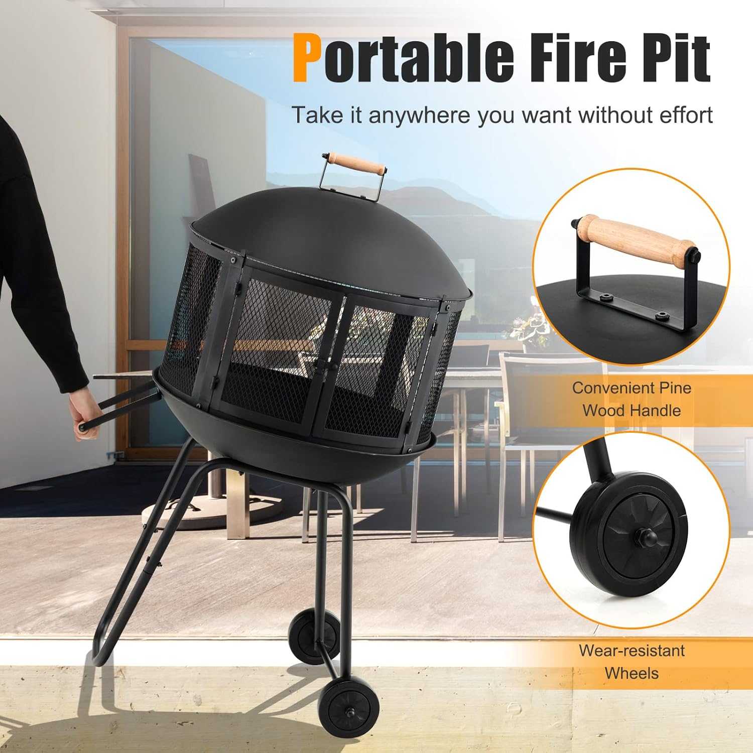 ORALNER Portable Fire Pit on Wheels, 27” Outdoor Wood Burning Firepit Cage w/Spark Screen Cover, Log Grate, Fire Poker, Steel Patio Firepit w/BBQ Grill for Outside Camping, Picnic, Backyard Bonfire